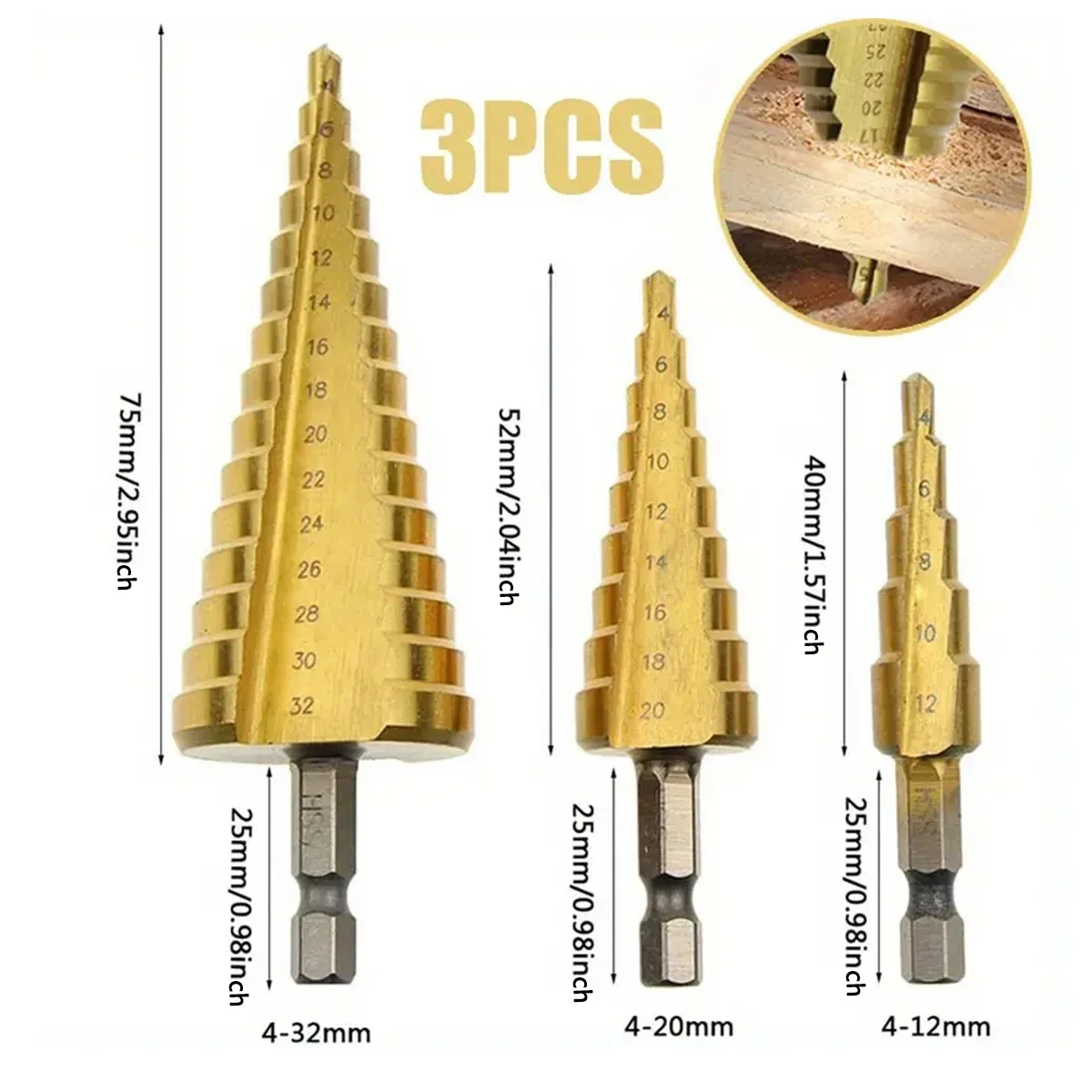Набор метрических ступенчатых сверл, 3 шт., ступенчатые сверла с хвостовиком из высокоскоростной стали, сверление отверстий в листовом металле 4-12 мм/4-20 мм/4-32 мм