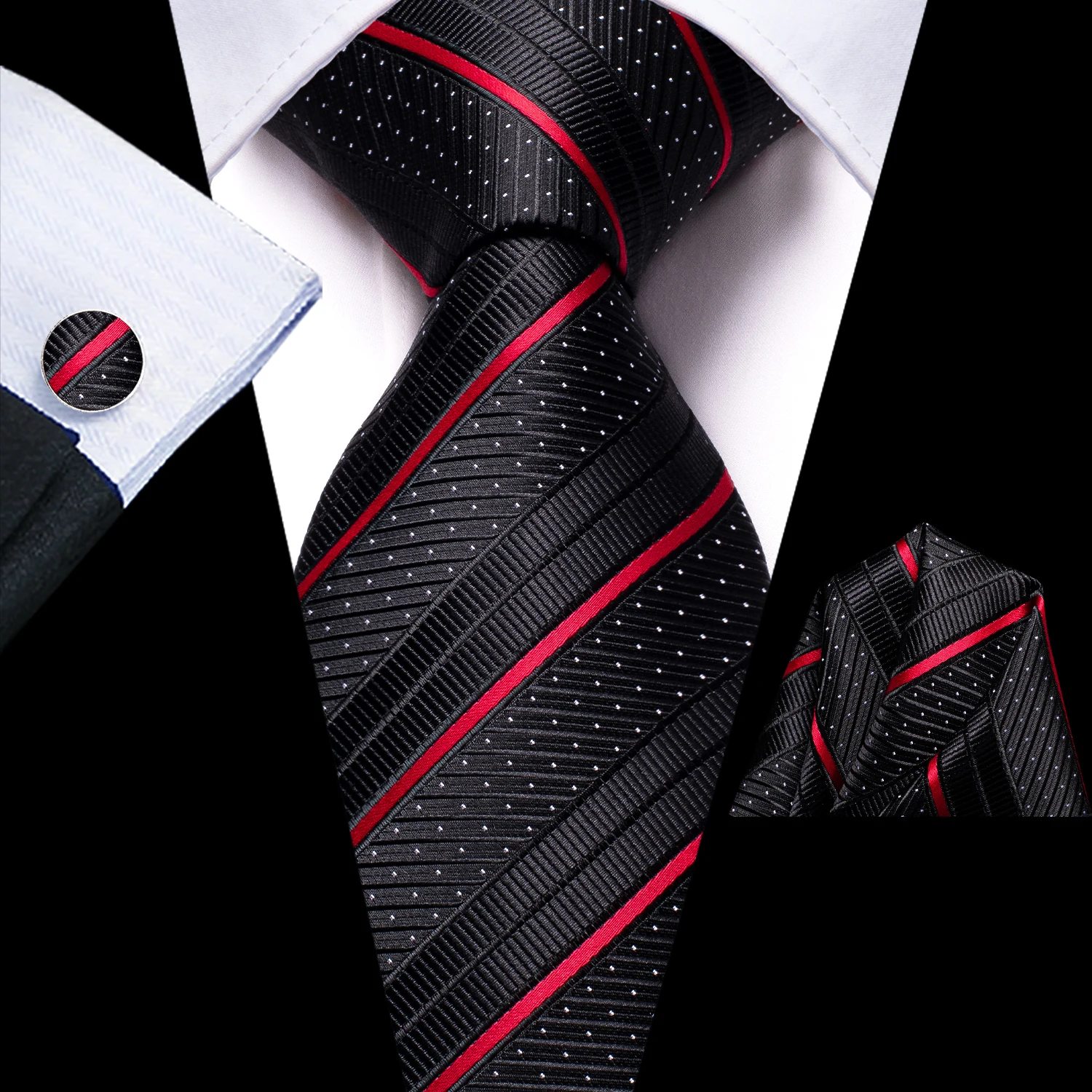 Hi-Tie Designer Black Red Striped Silk Wedding Tie For Men Handky Cufflink Gift Men Elegant Necktie Set Fashion Business Party