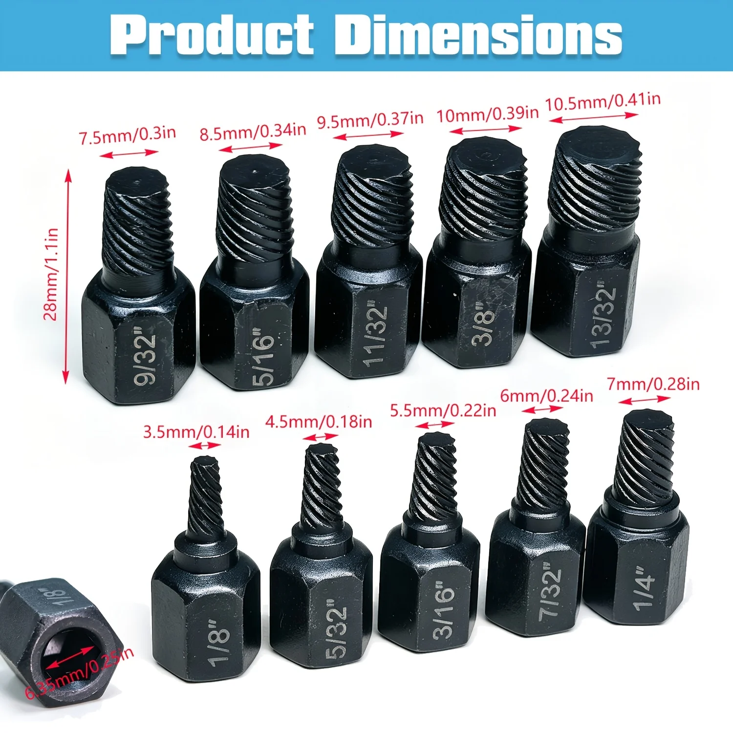 Heavy Duty Hexagon Head Bolt Extractor Set, 10pcs Easy Out Screw Extractor Kit, Quick Broken Stud And Damaged Screw Remover Tool