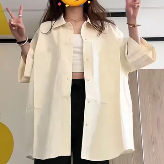 

Summer Thin Pure Color Women's Shirt Short Sleeve Loose Fit Vintage Hong Kong Style Design Unique Elegant Open Cardigan Top