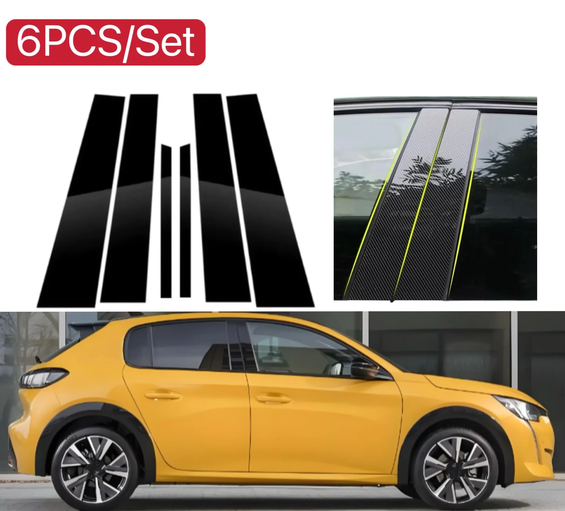 

6PCS Glossy Black Silver Carbon Pillar Post Fit For Peugeot 208 2020 2021 2022 2023 2024 Car Window Column BC Trim Sticker Cover