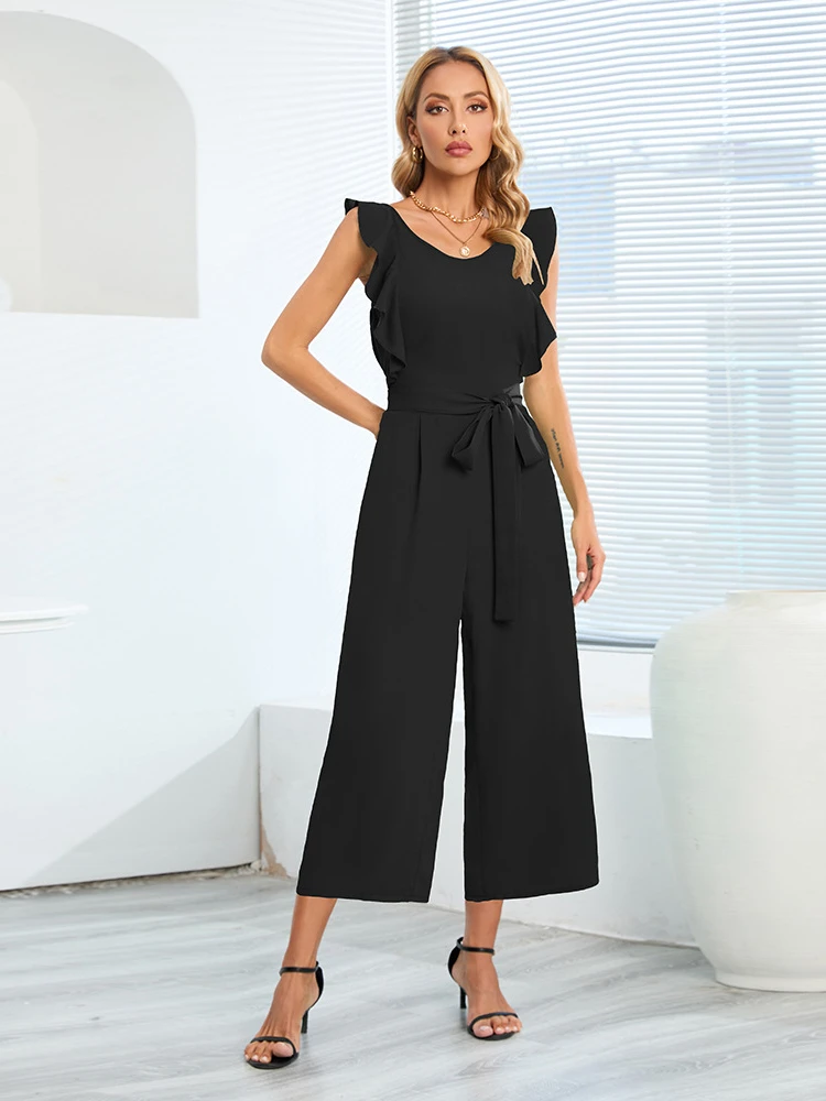 

2024 Summer Women's New Ruffle Lace Sleeveless Lace-up Jumpsuit Medium Length Straight Pants Jumpsuit Women Disfraz Sexy Mujeres