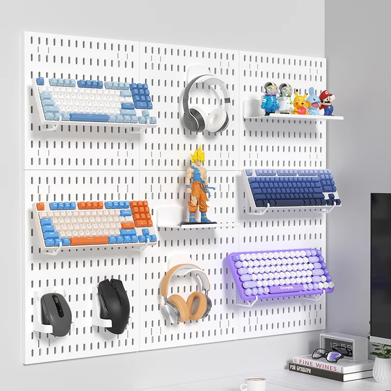 Wall Mount No-Drill Pegboard Storage Organizer, Perforated Plate for Kitchen Study, Toy & Electronic Accessories Display Shelf