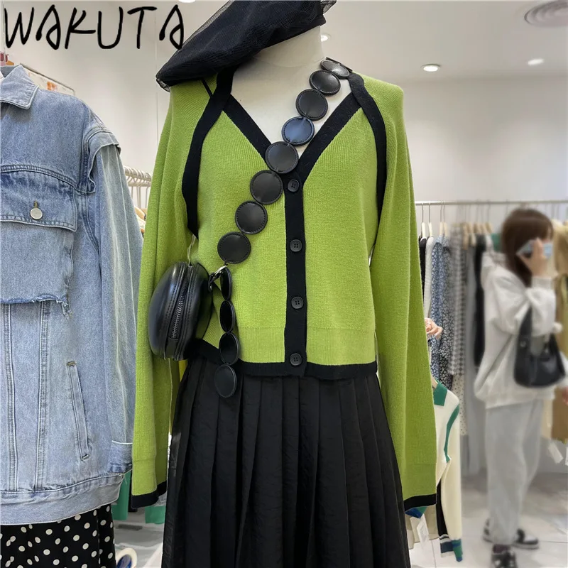 

WAKUTA Contrast Color Long Sleeve Patchwork Knit Sweaters Autumn Winter 2024 Korean Style Casual Loose Crop Knitwear Tops V Neck