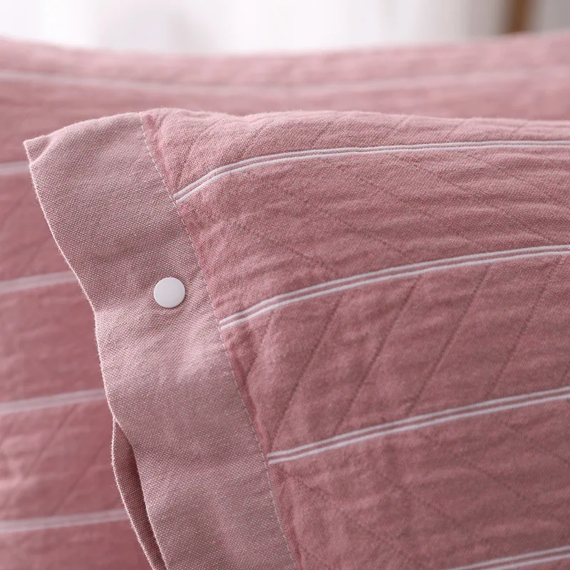 Pure Cotton Gauze Pillowcase 1 Pair Buckle Design Stripe 3-Layer Gauze Thickening Pillow Cover Soft Breathable Pillowcase