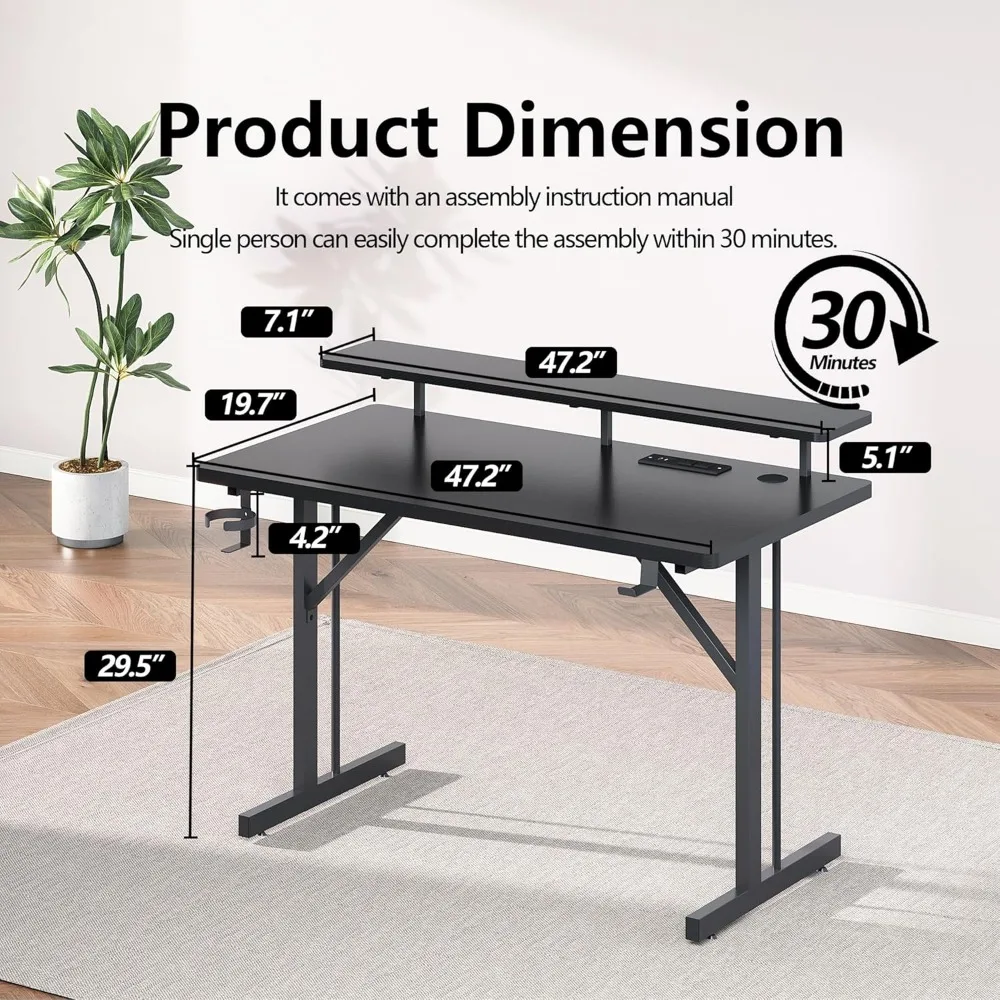 LED-Illuminated 47 Inch Gaming Desk with Power Outlets and Monitor Stands, Ergonomic Computer Desk for Gamers with Cup Holder an