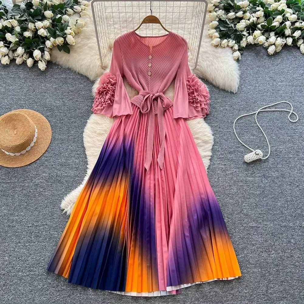 ANLAN Miyake Women's Plus Size Pleated Dresses 2025 New Elegant V-neck Thin Simple Waist Tie Long Dress Europe Middle East 2A168