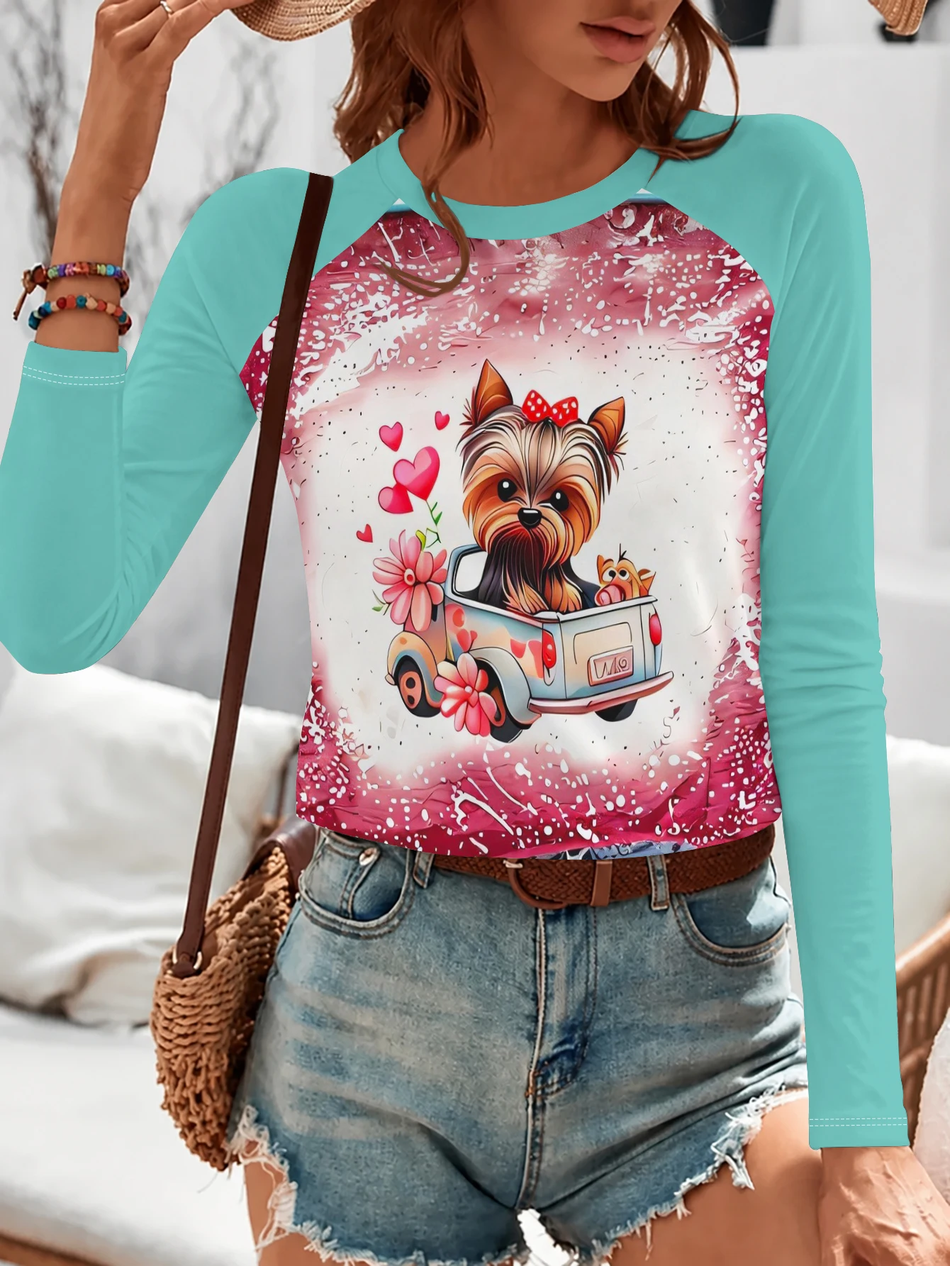 Women T‑shirt Cute Dog Heart Flower Truck Print Raglan Long Sleeve Autumn Winter Casual Tee Top Women's Clothes