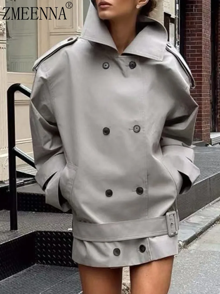 

ZMEENNA Серый двубортный короткий плащ для женщин с широким воротником с лацканами и поясом Стильная осенняя верхняя одежда ZM4115