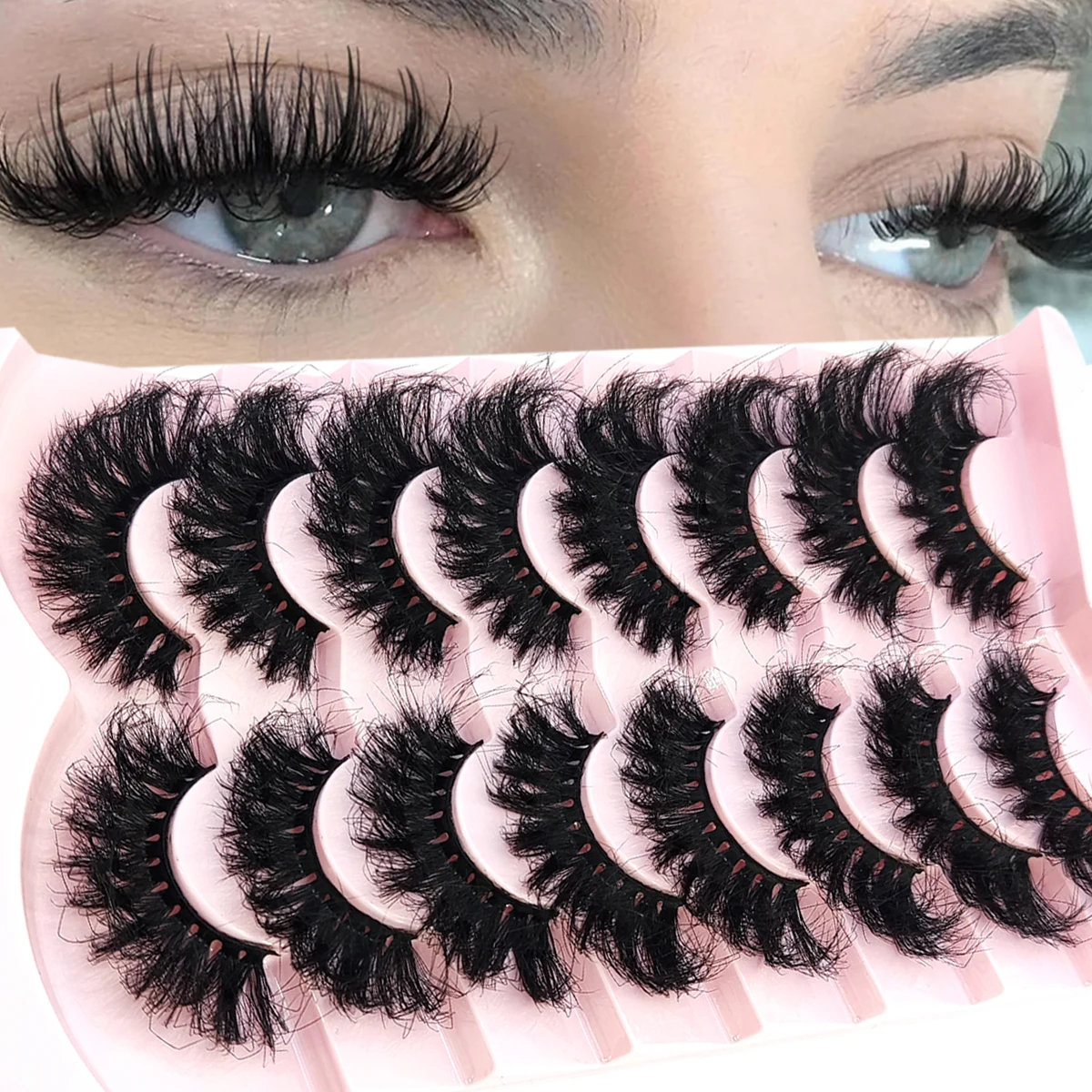 HBZGTLAD 8 Paar natürliche russische gestreifte Nerzwimpern, 3D-falsche Wimpern, Volumen, gewellt, falsche Wimpern, Wimpernverlängerung, Make-up