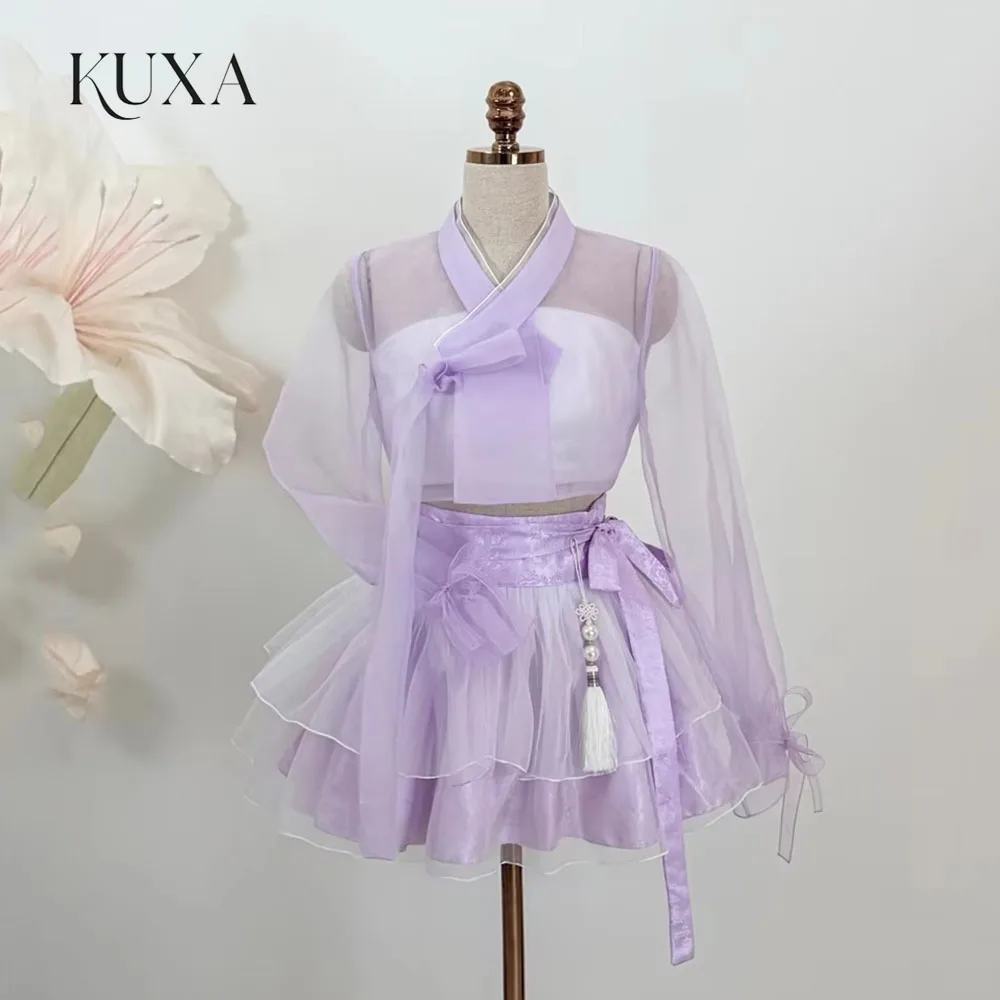 KUXA Purple Hanbok Mini Dress Korean Traditional Long Sleeves Skirt 2 Piece Set Wedding Photoshoot Party Dress Customized 2027