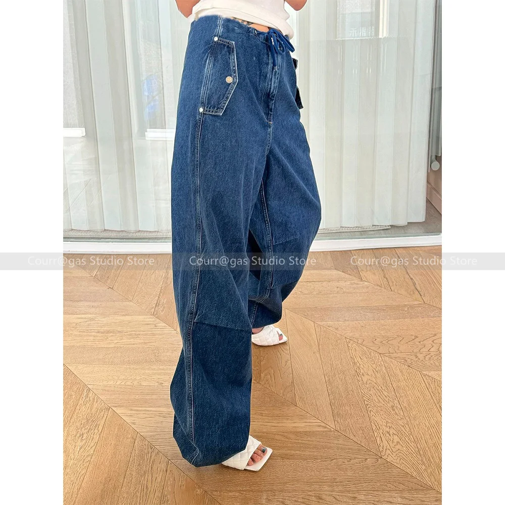 

Vintage Blue Drawstring Jeans Loose Casual Pants Peplum Wide Leg Jeans Women Spring New 2024