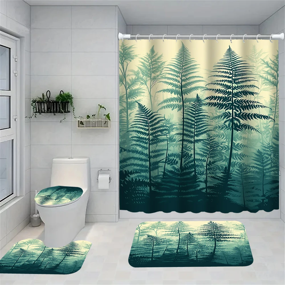4-piece set of needle leaf forest geometric pattern bathroom decoration, including shower curtain, bath mat, U-shaped floor mat,