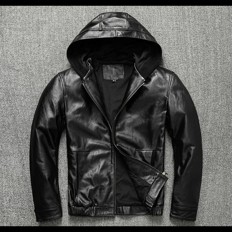 

shipping.Dropship.sales Free men genuine leather hoody.Plus size black cowhide coat.quality outdoor fashion jacket.