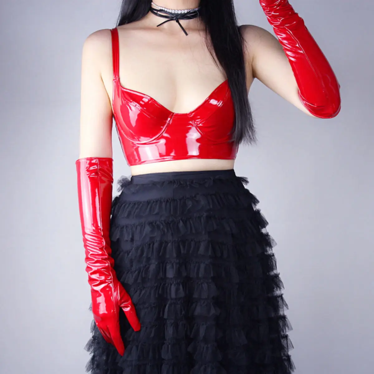 DooWay Women Shine Red Role-playing Latex Gloves Faux Patent Leather Wet Look Cosplay Halloween Costume Wedding Bridal Glove