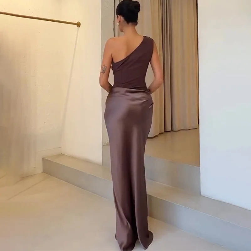 Elegant One-Shoulder Patchwork Satin Maxi Dress Women Sleeveless Ruched Slim Long Dresses 2026 Wedding Guest Evening Party Robes