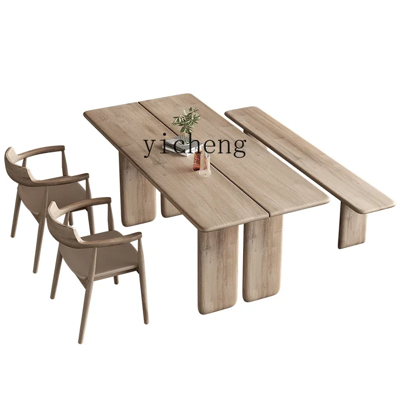 

ZC log style dining table and chairs wabi sandy wind retro simple dining table creative workbench table and chair combination