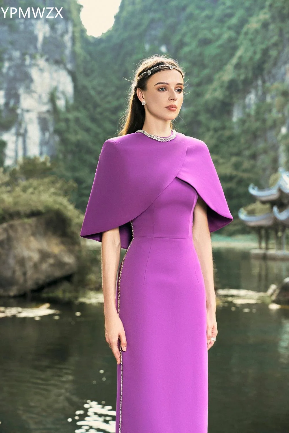 Customized Prom Gown Evening Women Party Occasion YPMWZX Scoop Neckline Column Floor Length Skirts Stole Bead Bespoke  D