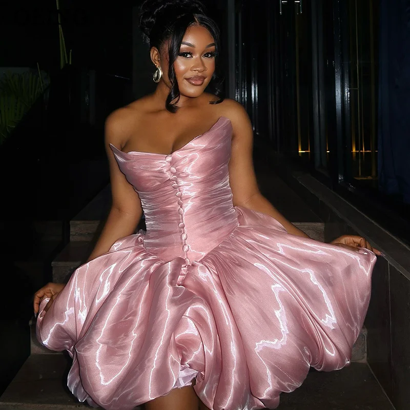

OEING Cute Mini A-Line Prom Dresses Pink Boat Neck Draped Glossy Birthday Party Dresses Gala Cocktail Dress 2026 Customized