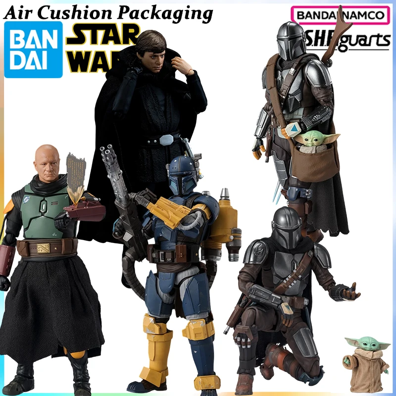Figuras de acción originales de la serie S.H.F de Star Wars de Bandai, The Mandalorian, Boba Fett, Gugu, Luke Skywalker, Heavy Din Djarin, juguetes modelo