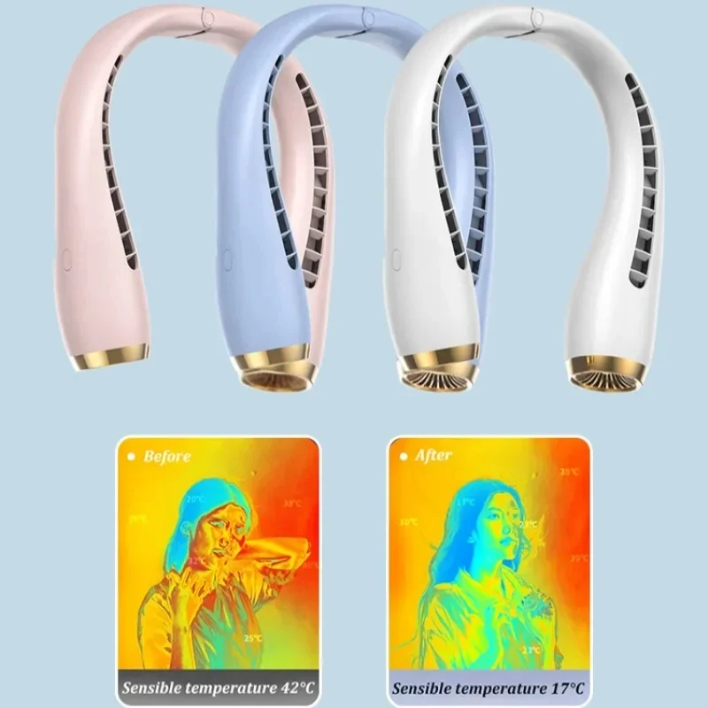 พัดลมห้อยคอแบบพกพาสำหรับกิจกรรมกลางแจ้งพัดลมกังหันแบบไร้ใบพัดพัดลมห้อยคอแบบไร้เสียงพัดลมขนาดเล็ก