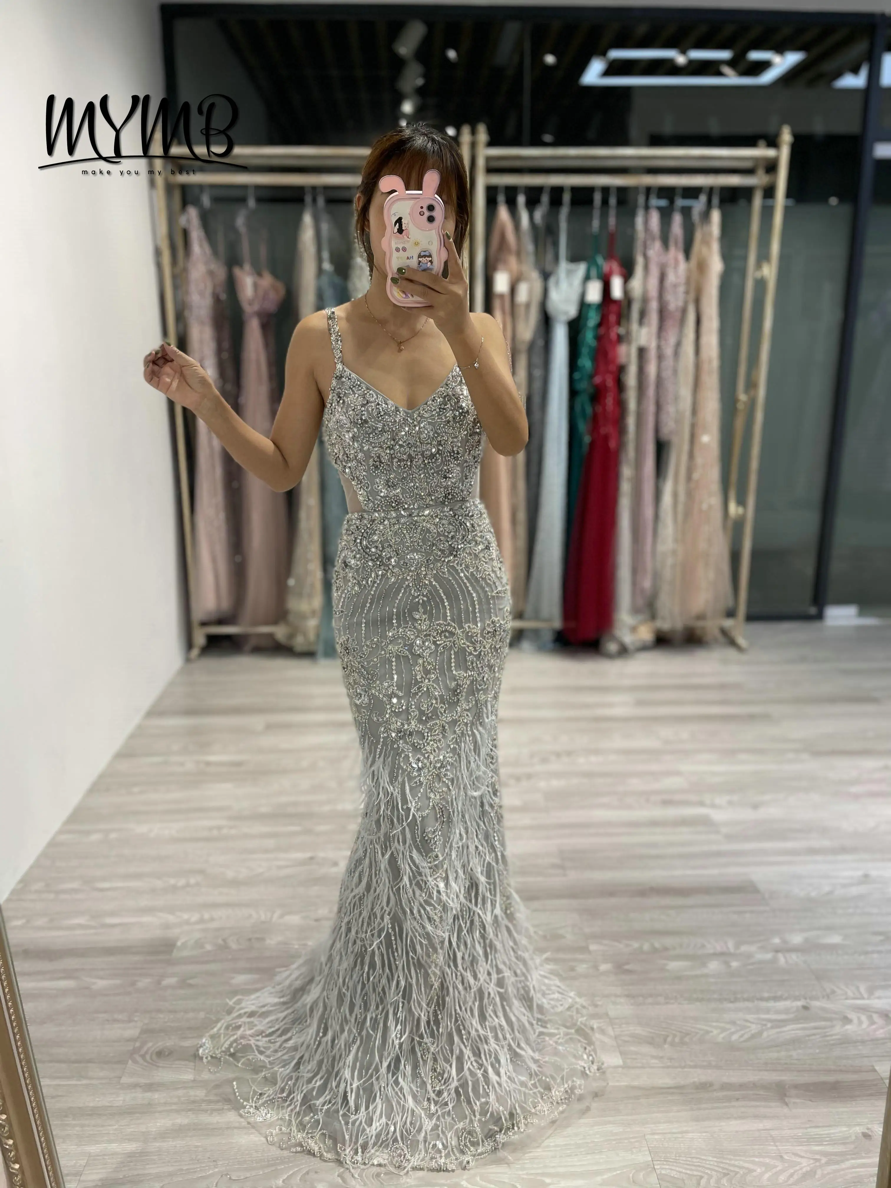 

MYMB на тонких бретельках с перьями и русалкой, облегающие платья для выпускного вечера, женские вечерние платья без рукавов с вышивкой бисером DD19007C-3