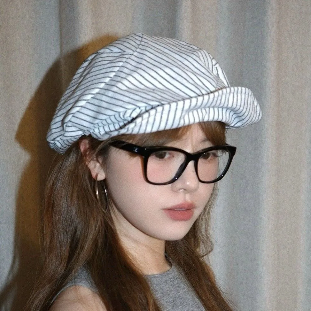 

Casual Cotton and Linen Striped Berets Thin Y2k Octagonal Hat Newsboy Cap Short Brim Painter Caps Daily
