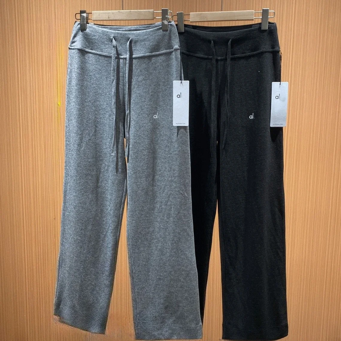 

High Waist Knitted Wide Leg Pants Solid Gray Drawstring Casual Loose Fit Women's Fitness Sports Straight Trousers