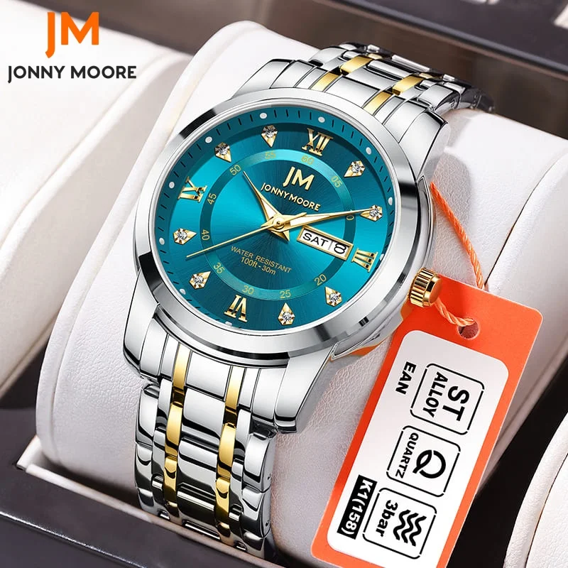 

JONNY MOORE 1035, часы в подарочной упаковке для мужчин, деловые мужские часы из нержавеющей стали, водонепроницаемые кварцевые часы с календарем недели, Reloj Hombre