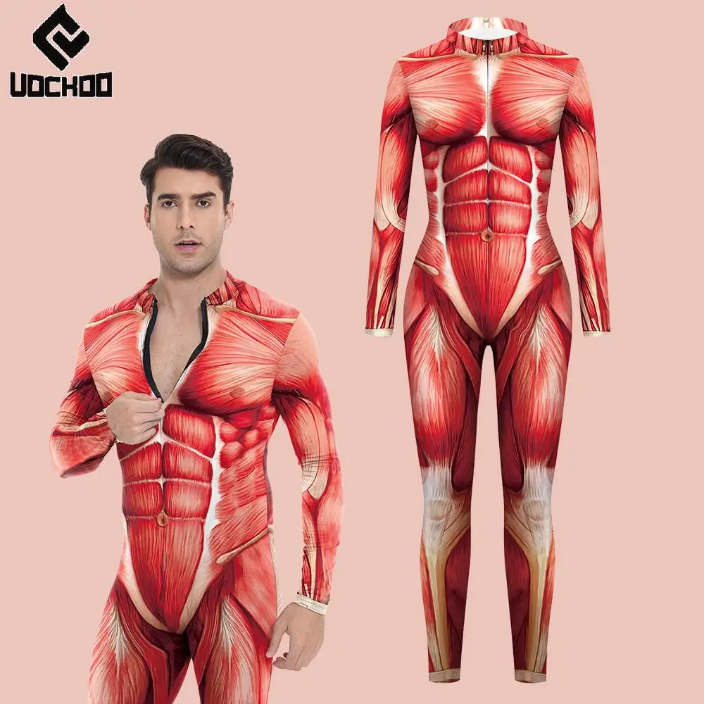 

Halloween Jumpsuit Muscle Hero Cosplay Costume Front Zipper Zentai 3D Printing Muscle Adult Bodysuits Carnival Party Outfit