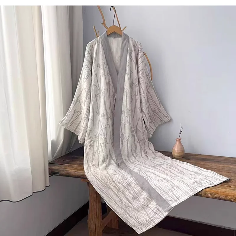 Mens Kimono Robe 100% Cotton Yarn Three Layers Nightdress Chinese Style Hanfu Long Robe Nightgowns For Men Zen Clothing