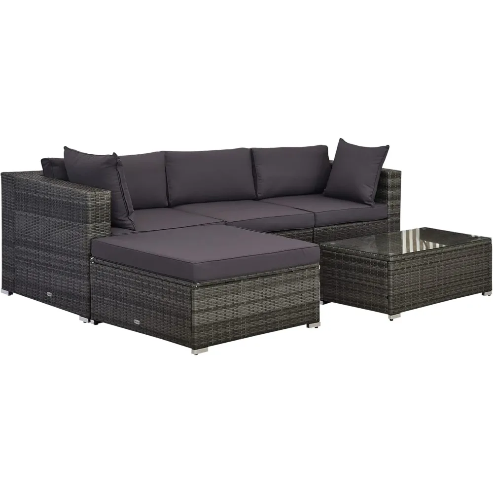 5-piece patio furniture set with cushions, outdoor rattan wicker sofa, modular furniture with pillows, garden glass coffee table