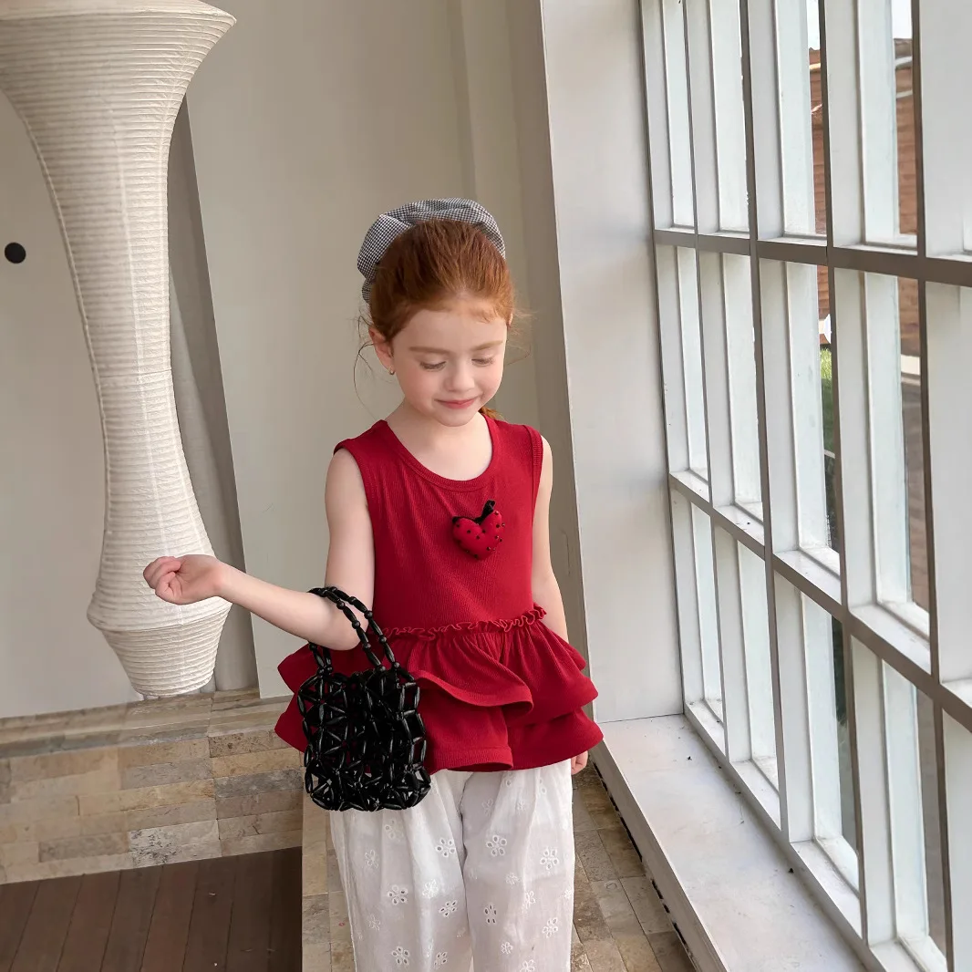 

Top Children Girl 2025 Summer Girl Cotton Solid Sleeveless Red Heart Ruched Peplum Hem Layered Sweet Fashion Casual