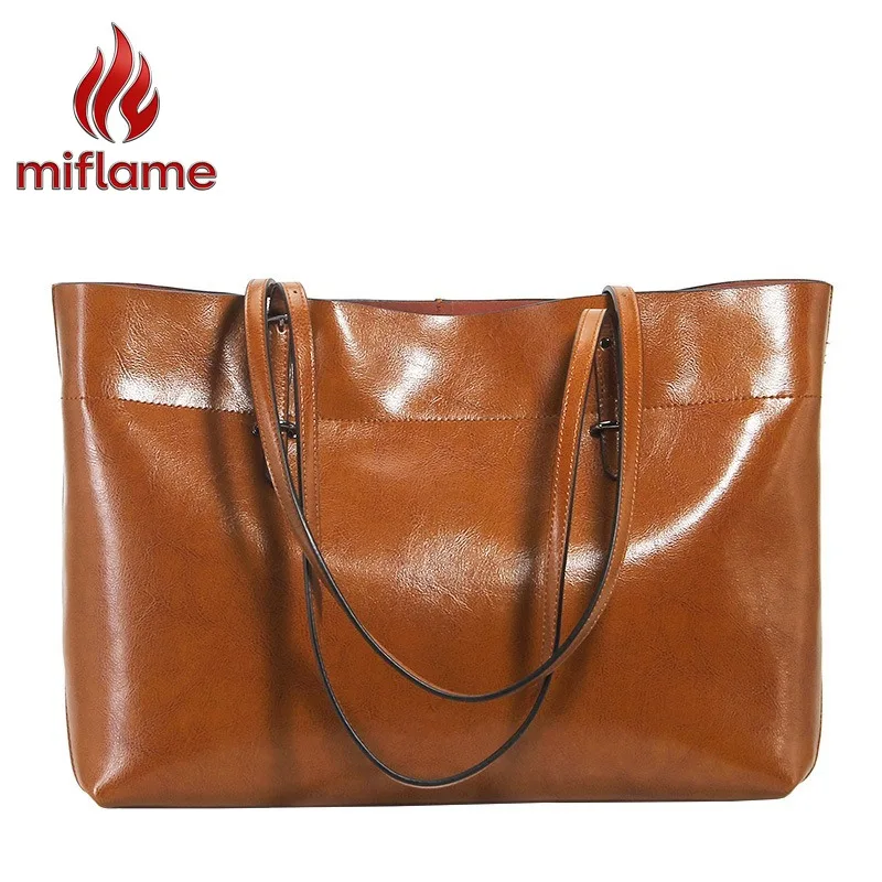 Women's Shoulder Tote Bag Luxury Waxed Genuine Leather Large Capacity Vintage Minimalist Top Handle Office Daily