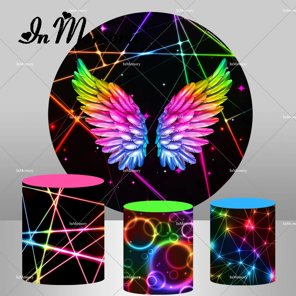 

Colorful Angel Wings Round Backdrop Cover Neon Lights Plinth Covers for Baby Shower Birthday Party Backgrounds Photo Studio