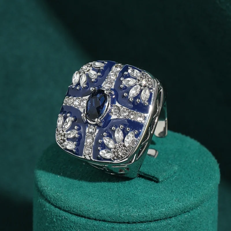 

Vintage Square Blue Crystal Rings Cross Silver Color Jewelry Women Opening High Quality Birthday Trends 2026 Accessories