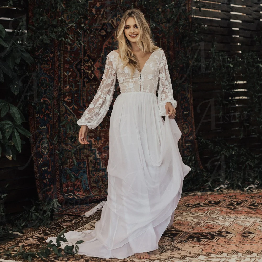 Cheap Bohemian A-line Wedding Dress Lantern Sleeve Lace Bride Dresses V-neck Long Chiffon Bridal Gowns  Vestido De Noiva