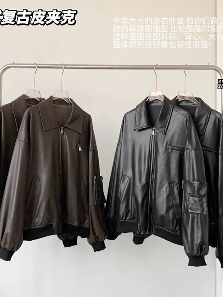 American Vintage Outerwear Turn-Down Collar  Long Sleeve PU Coats High Street Autumn Winter Classical Leather Jacket New Design