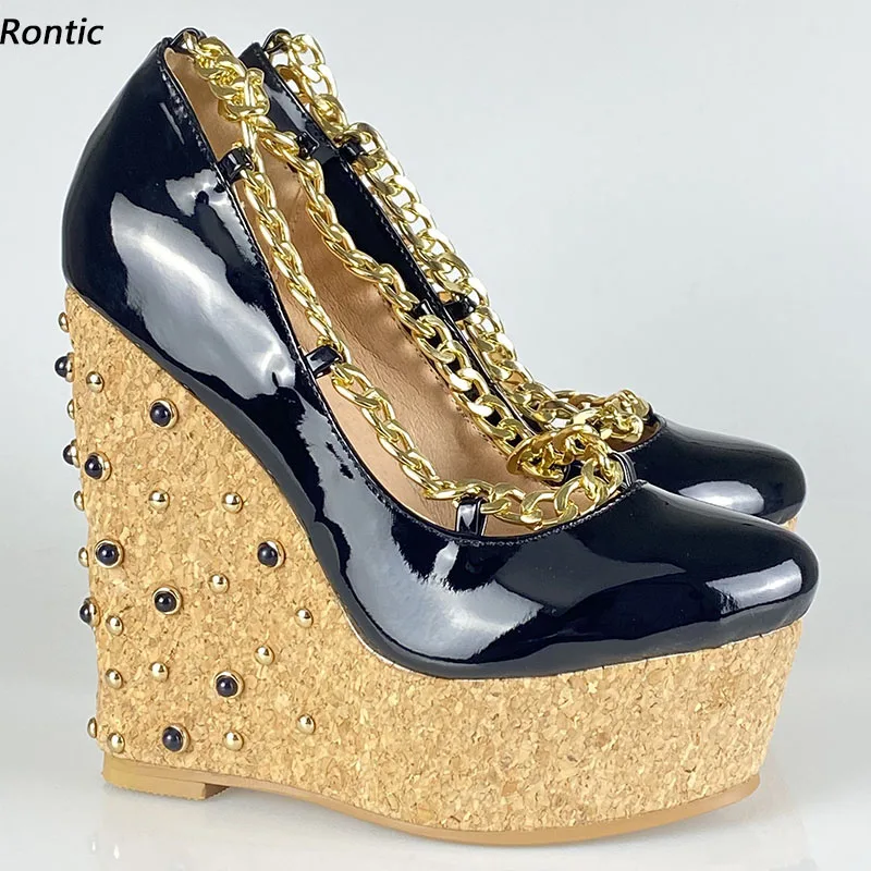 

Rontic женские туфли-лодочки ручной работы на платформе с лакированными шипами и цепочкой на танкетке, элегантные черные туфли унисекс с круглым носком для косплея, размер США 5-20