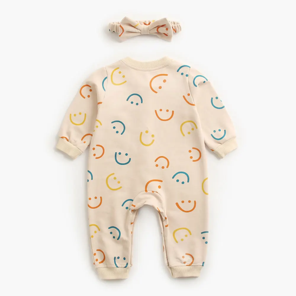 Baby Smiley Face Print Romper with Bow Headband 0-3 Years Soft Cotton Long Sleeve Boys Romper Fashion Newborn Outfit Set