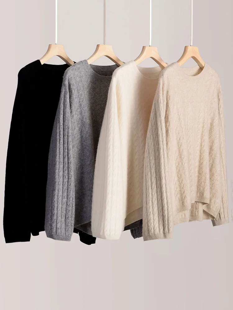 Spring Autumn Women's O-neck Cashmere Pullovers Loose Sweater 100% Cashmere Knitwear Asymmetric Hem Twist Flower Soft Clothing