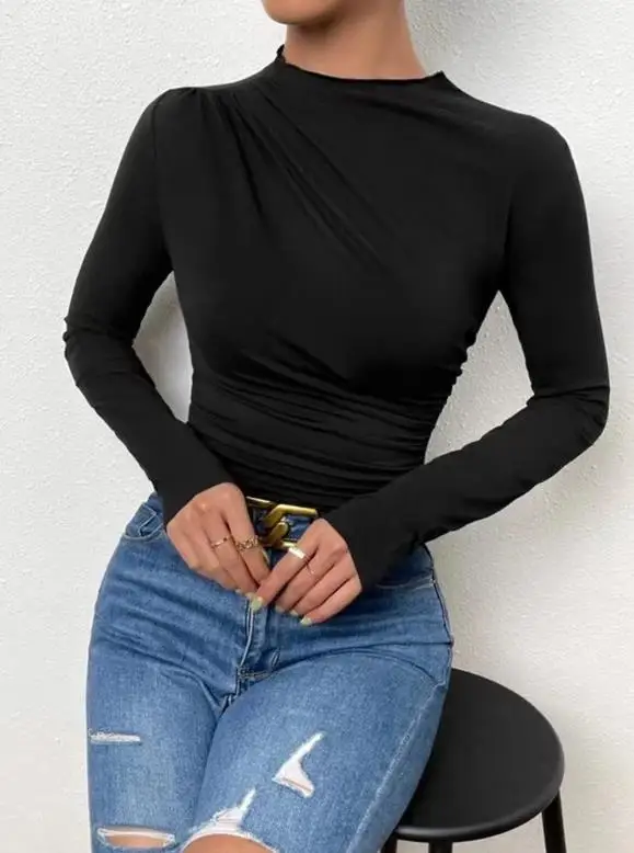 

2025 Autumn/Winter New Women's Fashion Casual Solid Color Slimming Basic Shirt, Wrinkle Design, Long Sleeve T-shirt Women's Wear