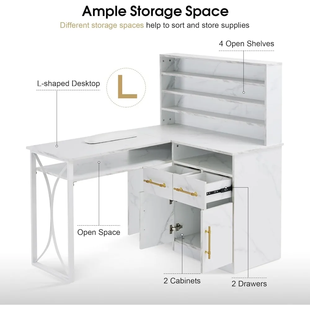 Bureau à ongles en forme de L pour le rangement, table de manucure polyvalente avec tiroirs de proximité, bureau à ongles avec armoires, poste de travail professionnel pour manucure