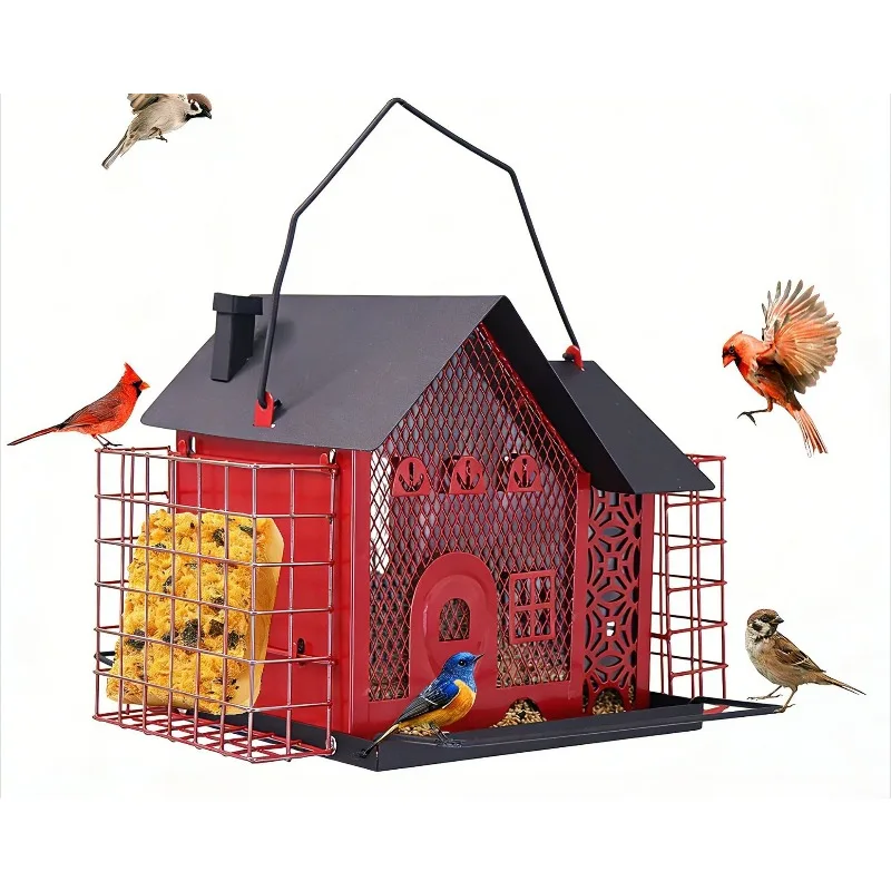 Metal Hummingbird Feeder Dual Chamber Bird House Design Automatic Feeding Hanging Type Outdoor Garden Bird Feeding Decor