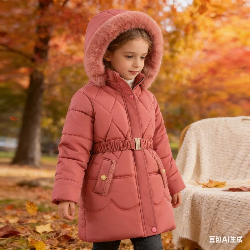 

Длинная зимняя куртка для девочек-подростков, новая, однотонная, с плюшевой подкладкой, теплая, с большим меховым воротником, с капюшоном, парка для детей 4-10 лет, хлопковая верхняя одежда