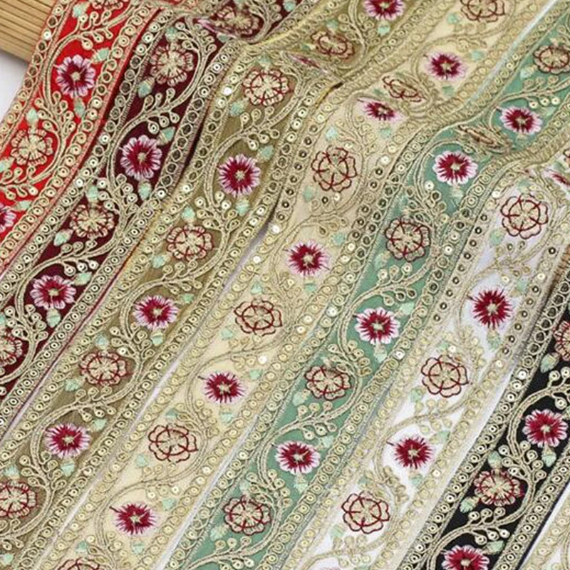 10yards Ethnic Flower Embroidered Lace Ribbon with Sequins Cord Trim for Hanfu Garment DIY Sewing Vintage Decoration Craft