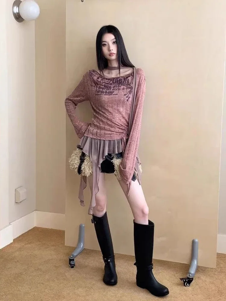 Vintage retalhos irregular babados topos feminino slash neck harajuku cordão tshirts y2k estética carta impressão grunge camisetas