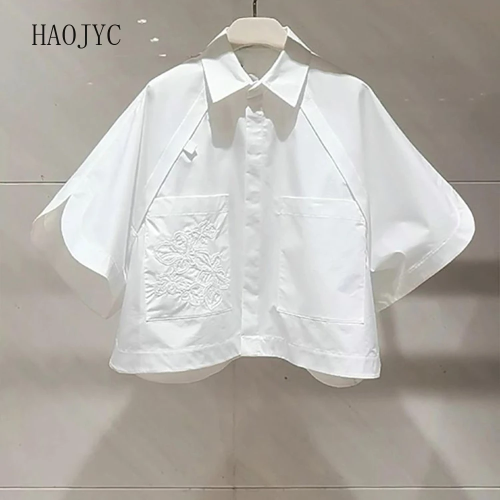

Summer short high-end niche polo lapel half-sleeve embroidery short sleeve loose white bat sleeve white shirt women