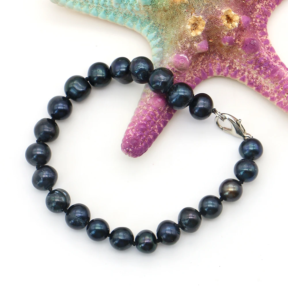 

Niche Dyed Black Irregular Round Freshwater Pearl Beaded Bracelet 8-9mm Women's/Men's Punk Style Wrist Accessory Gift 1strand