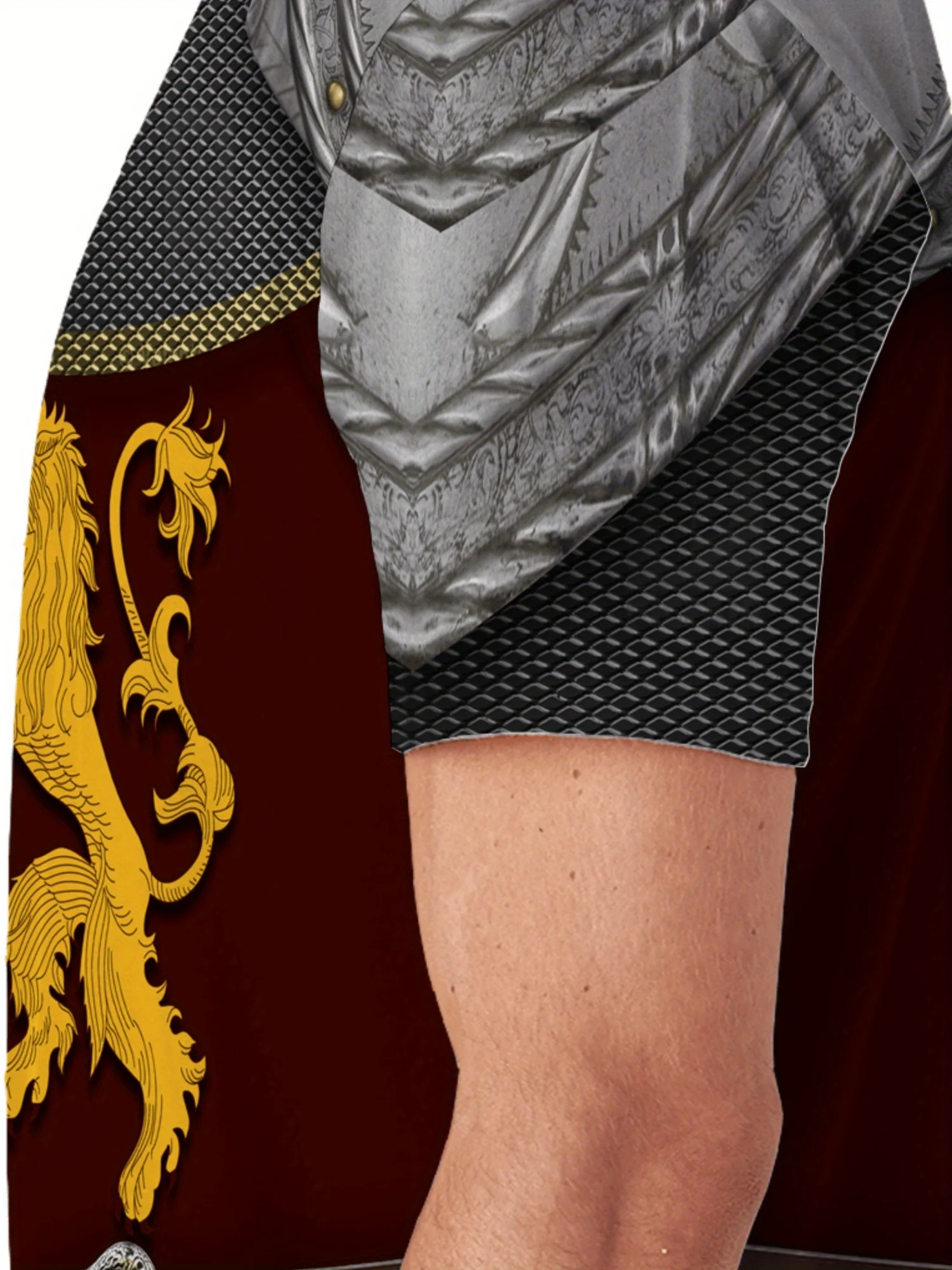 Camiseta masculina com estampa 3D de armadura de cavaleiro retrô – Design de totem de leão, cor marrom e dourada, manga curta, tecido de poliéster macio